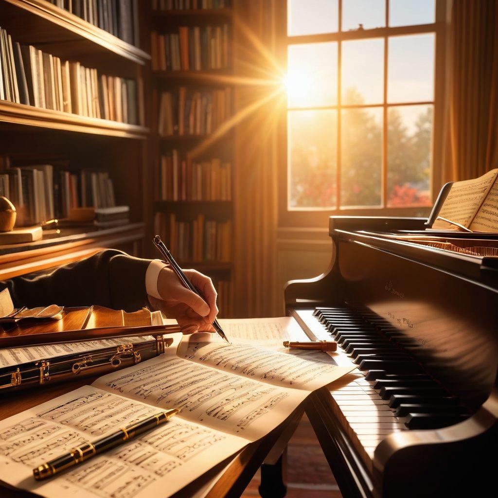 A person meticulously writing sheet music by hand, surrounded by various musical instruments like a grand piano, violin, and flute. The background includes a library filled with music theory books and a digital tablet showing modern music notation software. Sunlight streams through a window, casting a warm glow on the detailed sheet music. super-realistic. vibrant colors.