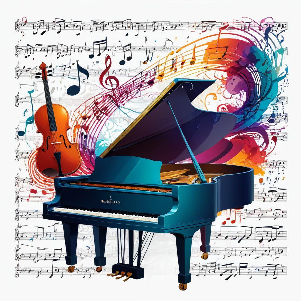An intricate sheet of music overflowing with musical notes, symbols and annotations, blending seamlessly with a grand piano and a violin laying on top. Background is filled with abstract elements of music theory, including scales and chord diagrams, creating an atmosphere of learning and mastery. Vibrant colors give it an inspiring tone. vector art. white background.