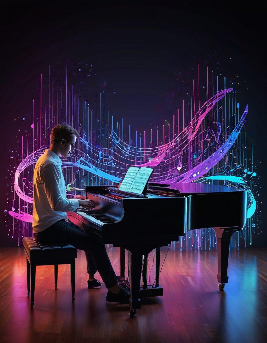 A modern composer seated at a sleek digital piano, surrounded by holographic music scores and vibrant musical notes floating in the air, using a high-tech music editing software on a large screen. The background is a blend of classical instruments like violins and cellos with futuristic technology elements, showcasing the blend of tradition and innovation in music composition. super-realistic. vibrant colors.